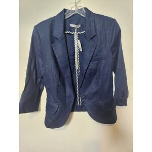 NWT Blue Linen Blazer 1‎ Button Notch Lapel Coastal Grandma Academia Nautical PS